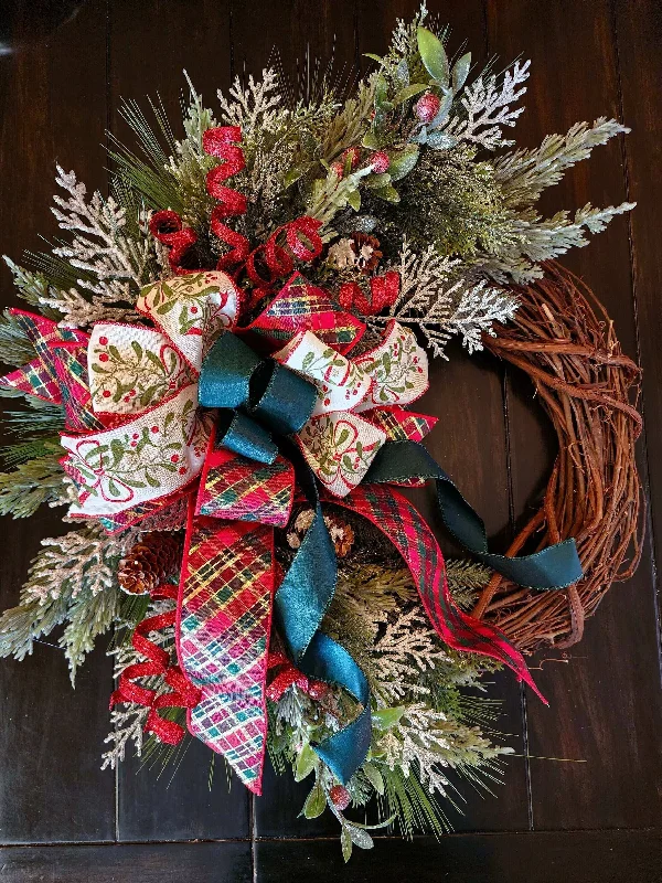 Christmas Jolly Time Classic grapevine Christmas wreath with bow, pine boughs with berries and ribbon holiday wreath, housewarming gift, wall decor, door hanger