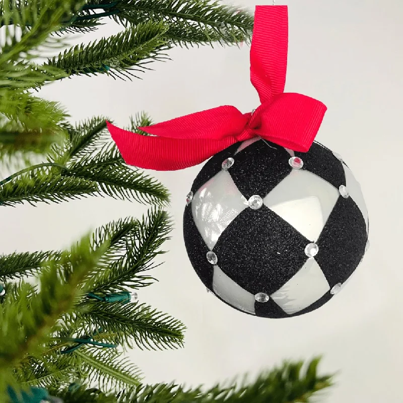 Christmas Ice Skating Classic B&W Glass Ball Ornament with Red Ribbon