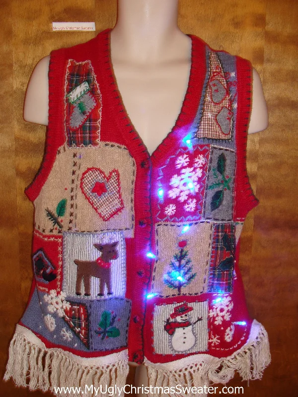 Corny Tacky Light Up Ugly Xmas Sweater Vest with Fringe