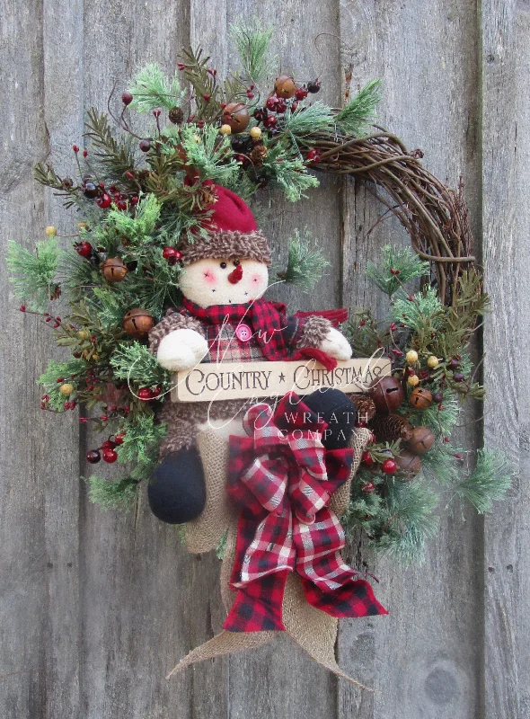 Christmas Eve Country Christmas Snowman and Jingle Bell Wreath