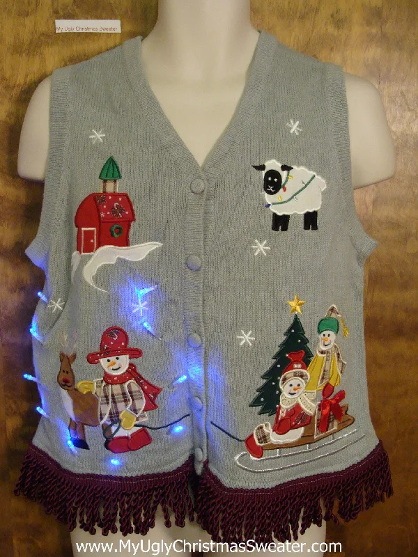 Cowboy Snowmen Light Up Ugly Xmas Sweater Vest