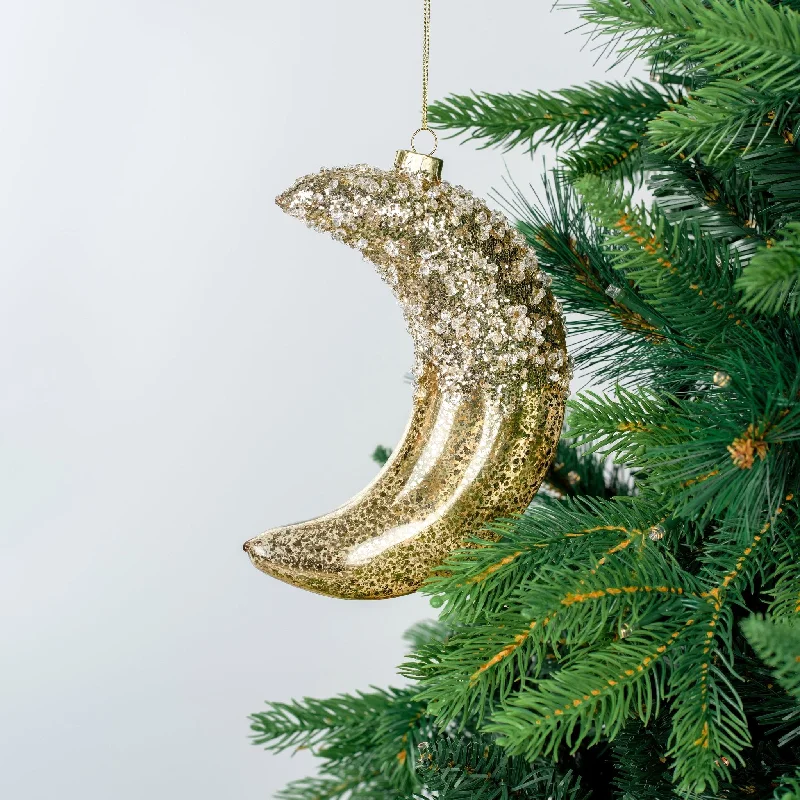Christmas Sleigh Ride Crackled Gold Moon Ornament with Champagne Glitter