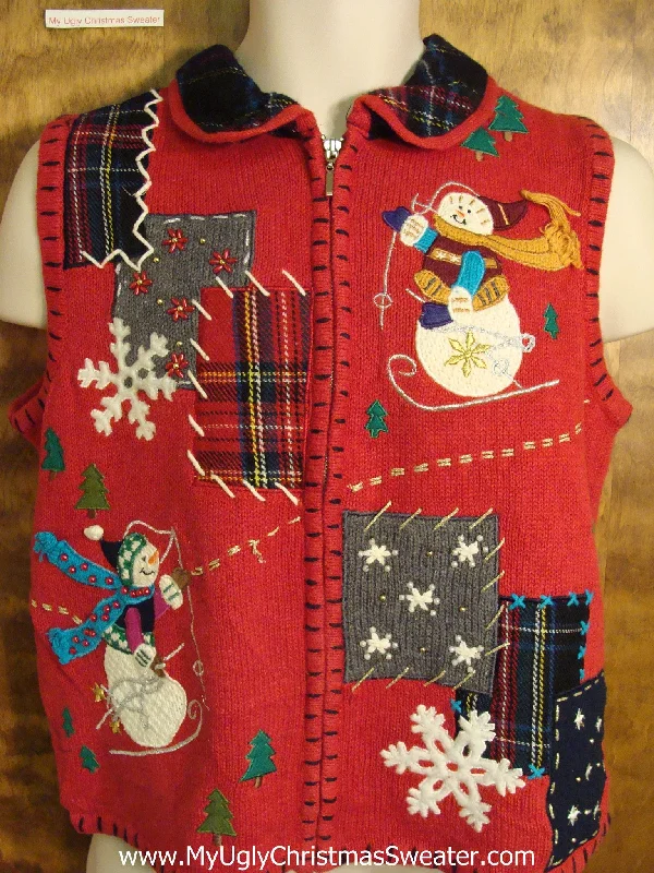 Christmas Sparkling Lights Crafty Red Ugly Christmas Sweater Vest with Plaid Patchwork