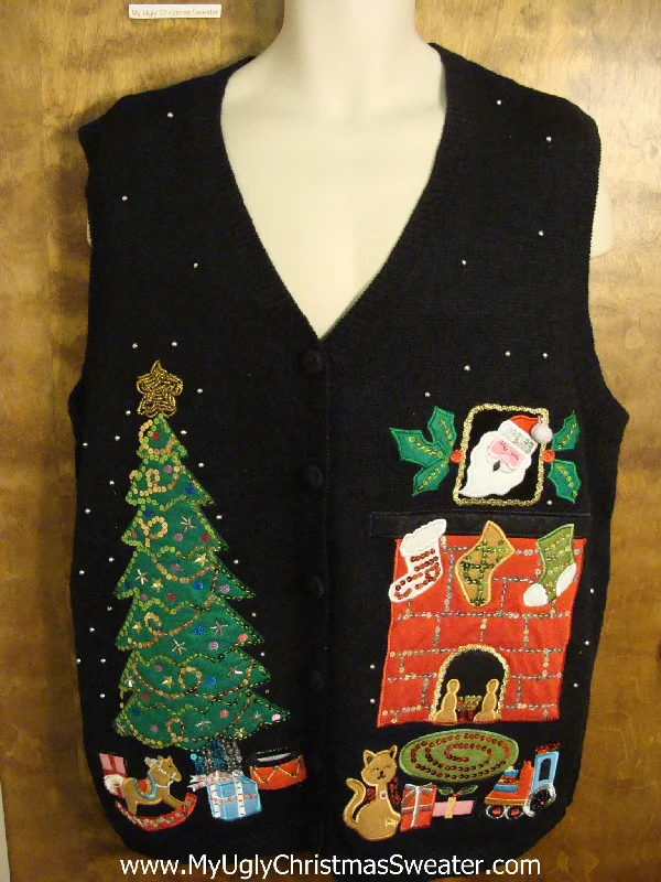 Christmas Santa Sleigh Crazy Cat Lady Gem Ugly Christmas Sweater Vest