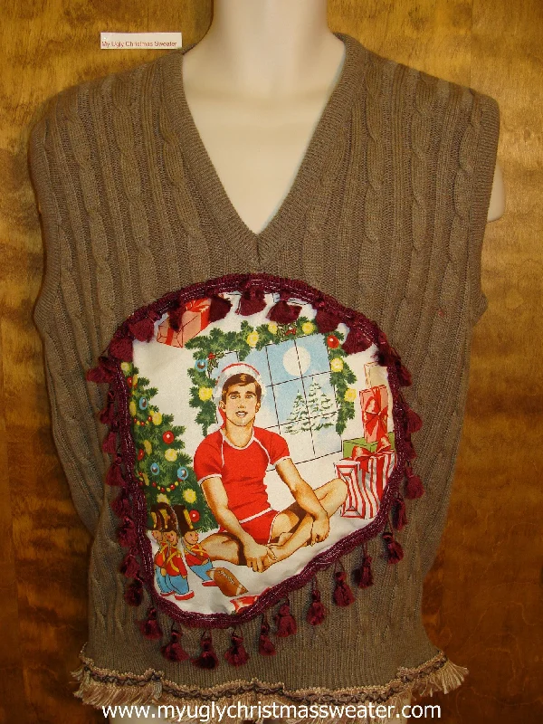 Christmas Wreath Making Crazy Fun Mens Hottie Guy Ugly Christmas Sweater Vest