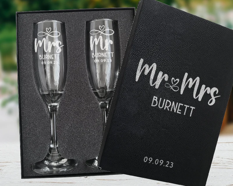 Christmas Sleigh Ride Custom Engraved Champagne Flutes: Mr & Mrs with Infinity Heart Design - Perfect Wedding Toasting Set, Gift Box Set Christmas Sleigh Ride Custom Engraved Champagne Flutes: Mr & Mrs with Infinity Heart Design - Perfect Wedding Toasting Set, Gift Box Set