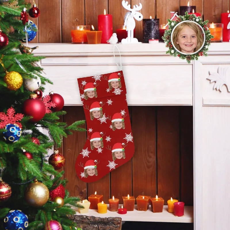 Christmas Cozy Ambience 17.52in(L) Super Size-Custom Face Snow Red Christmas Stocking Christmas Cozy Ambience 17.52in(L) Super Size-Custom Face Snow Red Christmas Stocking