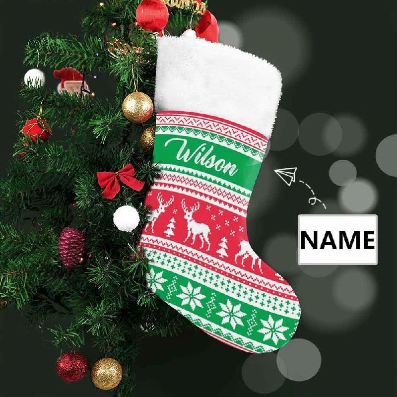 Christmas Wrapped Gifts 16.5in(L) Super Size-Custom Name Red And Green Elk Christmas Stocking Christmas Wrapped Gifts 16.5in(L) Super Size-Custom Name Red And Green Elk Christmas Stocking