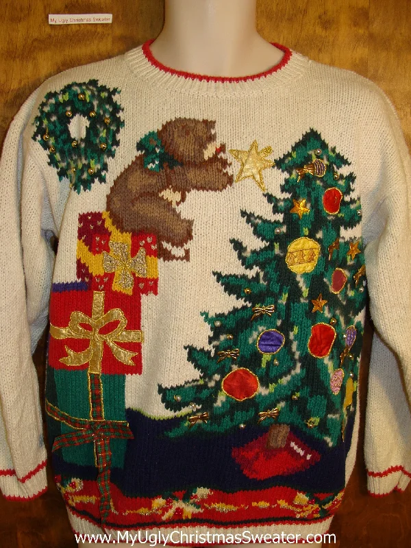 Christmas Happy Moments Cute Bear Decorating a Tree 80s Xmas Sweater