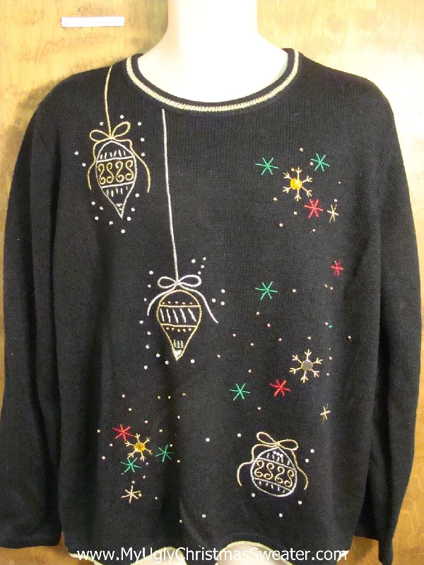 Snowy Christmas Cute Black Ornaments Themed Holiday Sweater