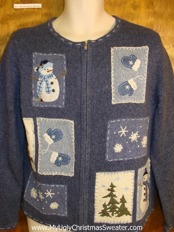 Christmas Candy Gift Cute Blue Xmas Sweater with Snowmen Patches