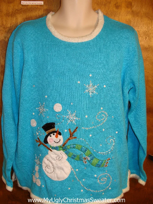 Christmas Songs Cute Bright Blue Holiday Sweater with Snowman