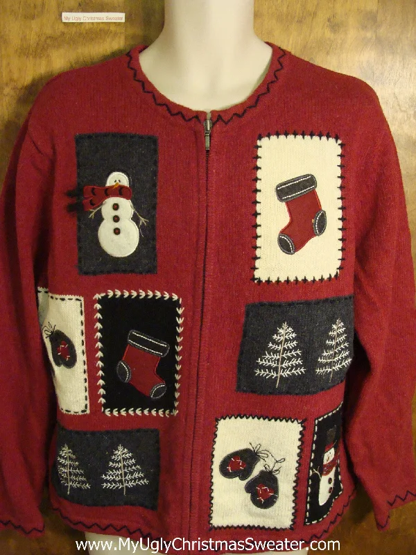 Holiday Season Cute Maroon Crafty Patchwork Holiday Sweater