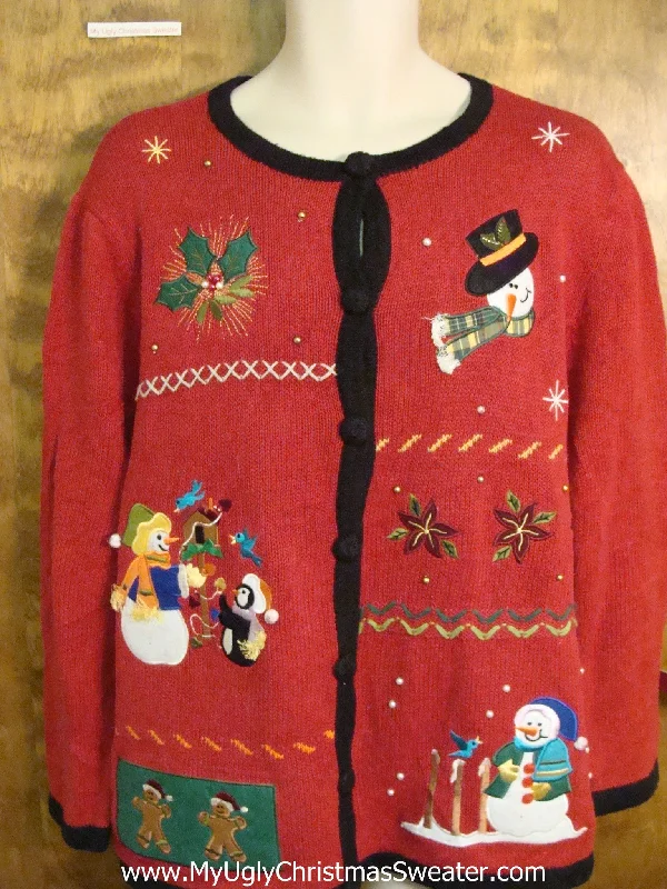 Christmas Yule Log Cute Red and Black Xmas Sweater with Snowmen
