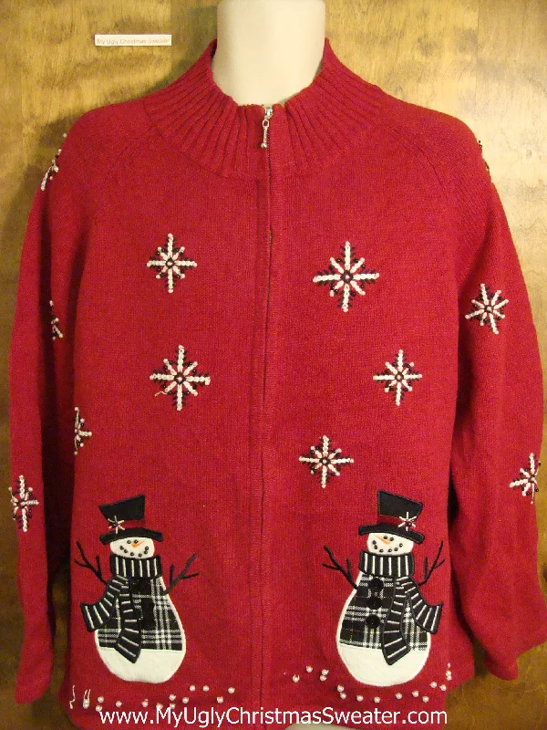 Holiday Cheer Cute Red Holiday Sweater with Twin Snowmen