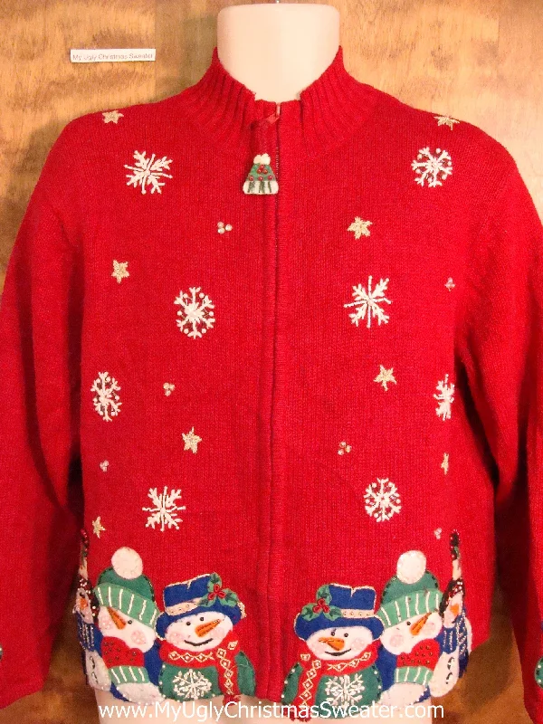 Christmas Family Fun Cute Red Xmas Sweater with Colorful Snowmen