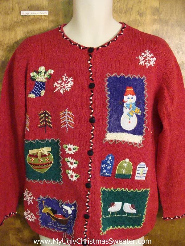 Christmas Classic Music Cute Red Xmas Sweater with Snowman and Ice Skates