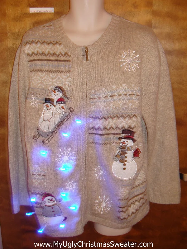Christmas Fireplace Decor Cute Snowmen Sledding Christmas Sweater with Lights