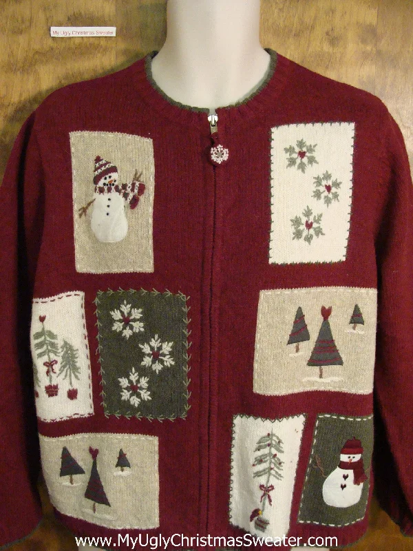 Christmas Wreath Making Cute Two Sided Xmas Sweater with Patches of Snowmen