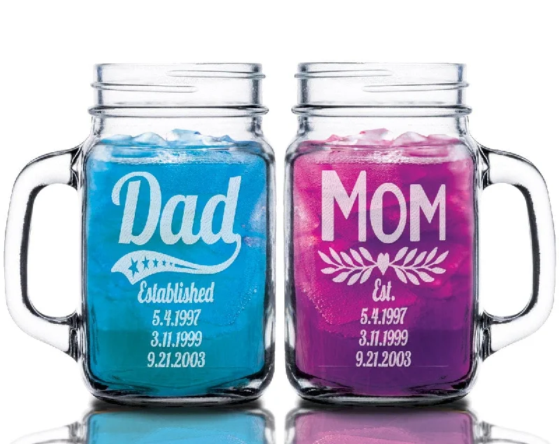 Christmas Dinner Recipes Dad Mom Combo Set of 2 Custom Mason Jar with Established Date Daddy Papa Gifts Mommy Mama Parents Mugs Mothers Day Fathers Day Present Idea