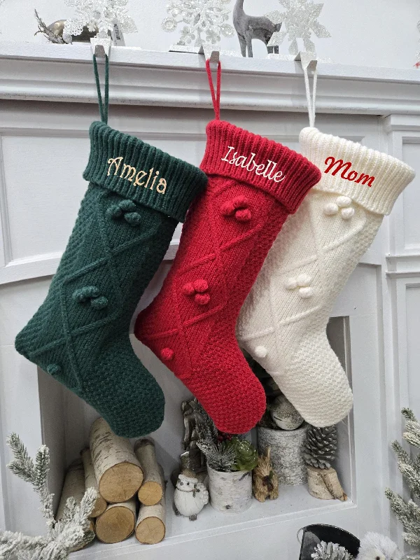 Christmas Santa Hat Diamond Cable Knit Christmas Stockings with pom poms| Deep Green Red Cream Knitted Classic Decor Traditional Personalized Embroidered Name Christmas Santa Hat Diamond Cable Knit Christmas Stockings with pom poms| Deep Green Red Cream Knitted Classic Decor Traditional Personalized Embroidered Name