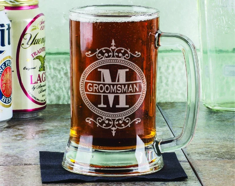 Christmas Sleigh Ride Fancy Initial Engraved Wedding Party Beer Stein Personalized for Groomsman Best Man Father of the Bride Gift for In Laws Brother Birthday