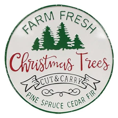 Christmas Celebration Farm Fresh Christmas Trees Distressed Round Metal Sign