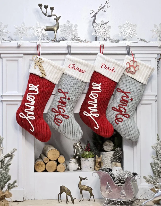 Christmas Cinnamon Rolls Festive Jingle & Merry Knit Christmas Stockings | Red Grey White Holiday Decor Classic Traditional Personalized Embroidered Name or Wood Tag Christmas Cinnamon Rolls Festive Jingle & Merry Knit Christmas Stockings | Red Grey White Holiday Decor Classic Traditional Personalized Embroidered Name or Wood Tag