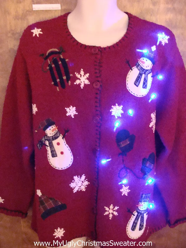 Christmas Holiday Fun Floating Snowmen with Sled Cute Christmas Sweater with Lights