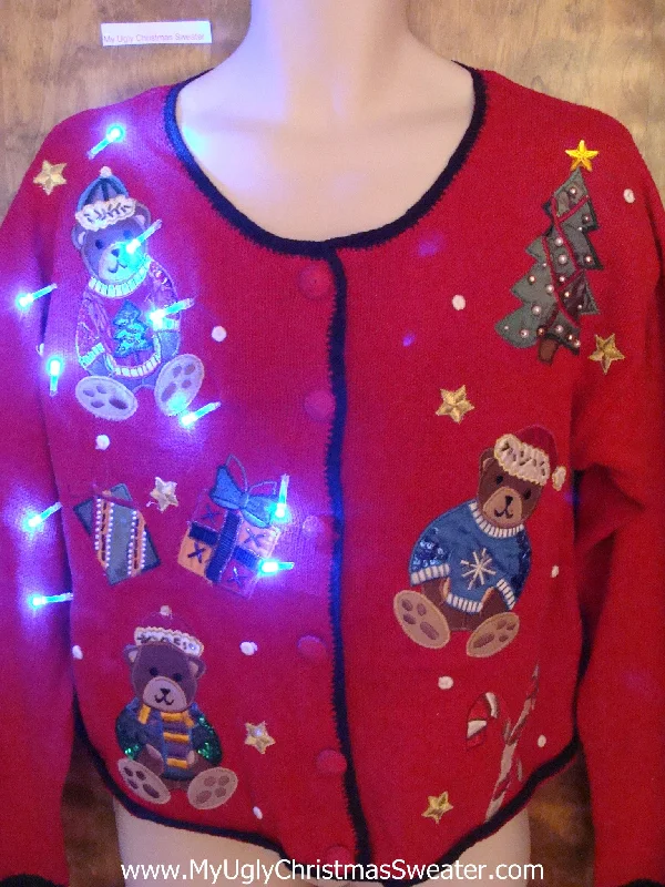 Christmas Table Setup Floating Teddy Bears Tacky Xmas Sweater with Lights