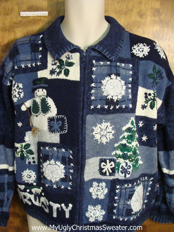 Christmas Lights FROSTY Snowman Blue Cute Holiday Sweater