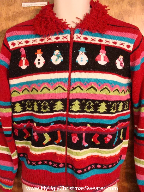 Fuzzy Collar and Horrible Stripes Ugliest Christmas Sweater