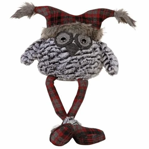 Christmas Tree Shopping Fuzzy Dangle Leg Owl w  Red & Dark Gray Plaid Hat