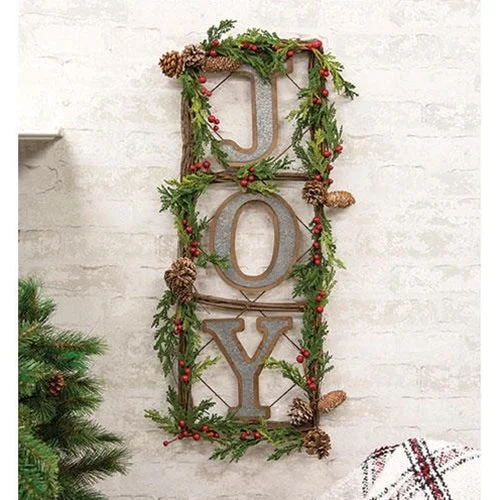 Christmas Lights Display Grapevine & Pine "Joy" Door Sign
