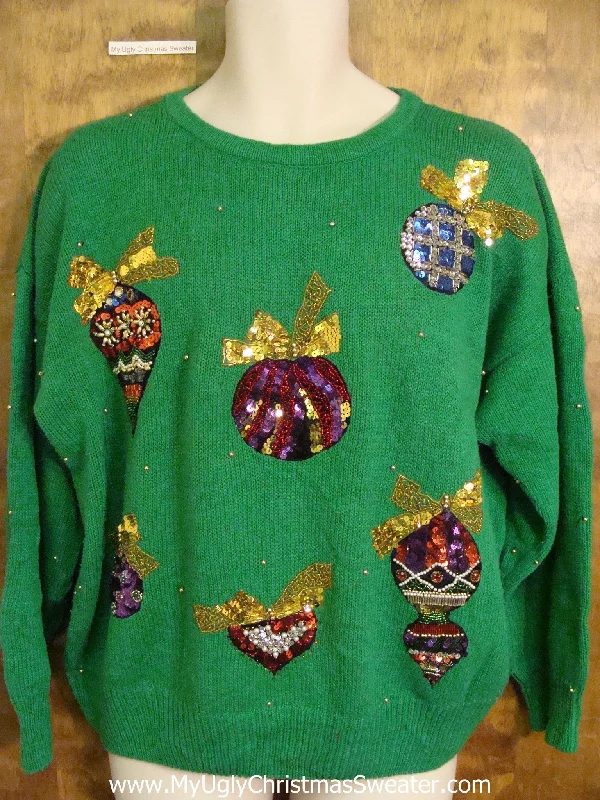 Christmas Lights Green Bling Ornaments Corny Cheesy Christmas Sweater