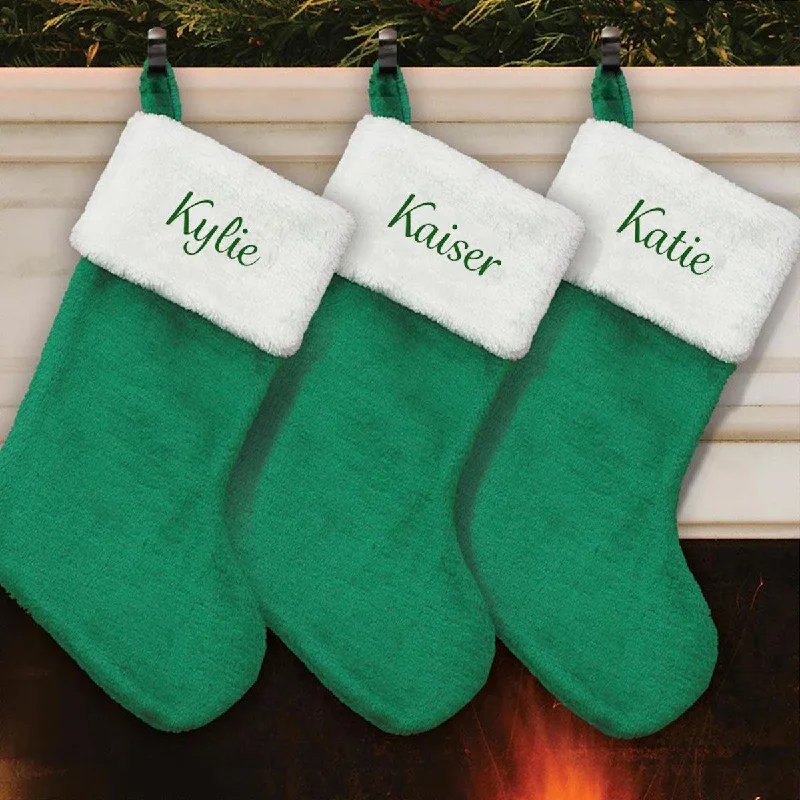 Christmas Santa Sleigh Green Plush Embroidered Christmas Stocking
