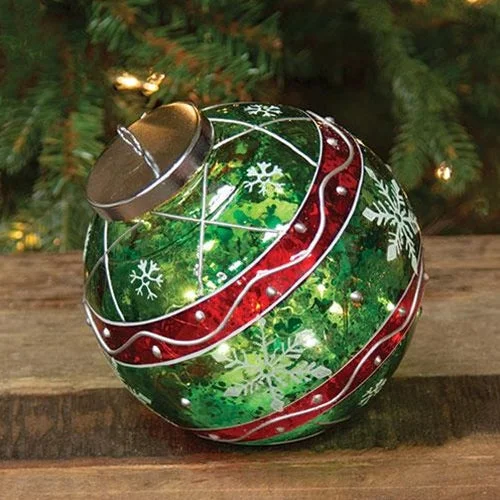 Christmas Jolly Vibes Green Stripe & Snowflake Light Up Ball Ornament