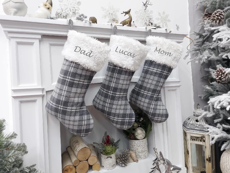 Christmas Movie Night Grey Plaid White Faux Fur Christmas Stocking | Farmhouse Rustic Xmas Decor Greyscale Modern Traditional Personalized Embroidery Name Tag Christmas Movie Night Grey Plaid White Faux Fur Christmas Stocking | Farmhouse Rustic Xmas Decor Greyscale Modern Traditional Personalized Embroidery Name Tag