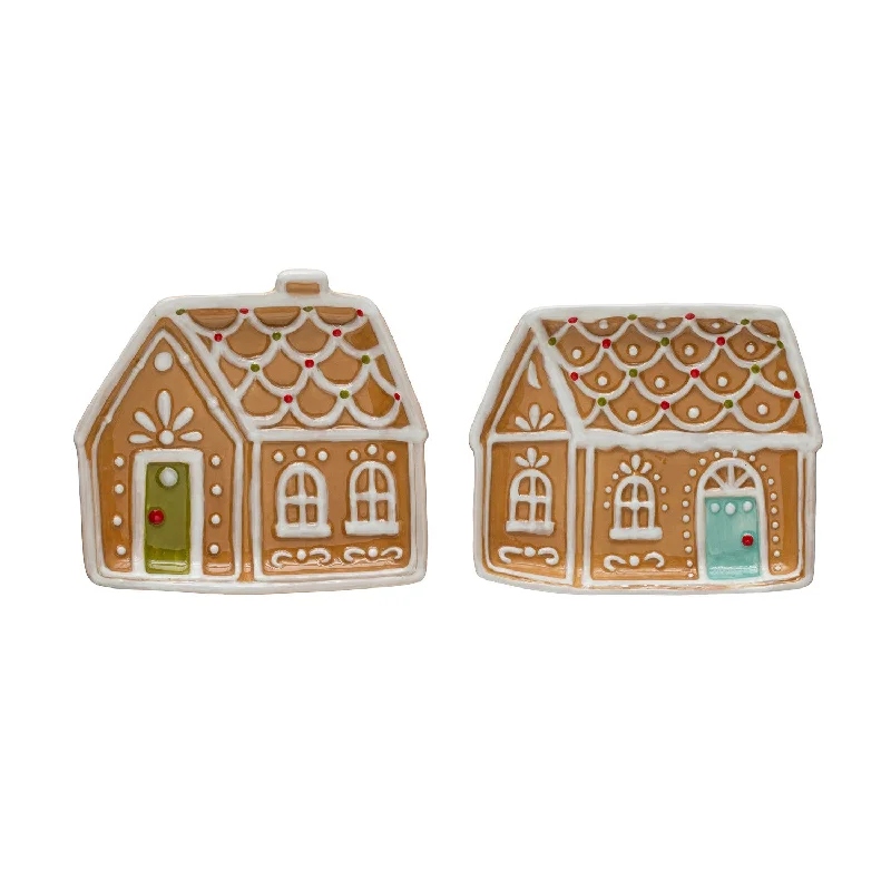 Christmas Frosty Weather Handpainted Ceramic Ginger Bread House Shaped Plate