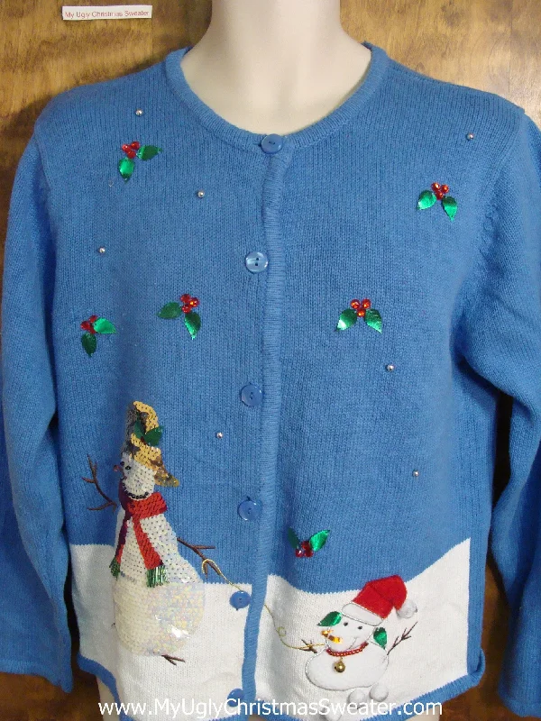 Christmas Chilly Nights Happy Snowmen with Sequins Cute Holiday Sweater