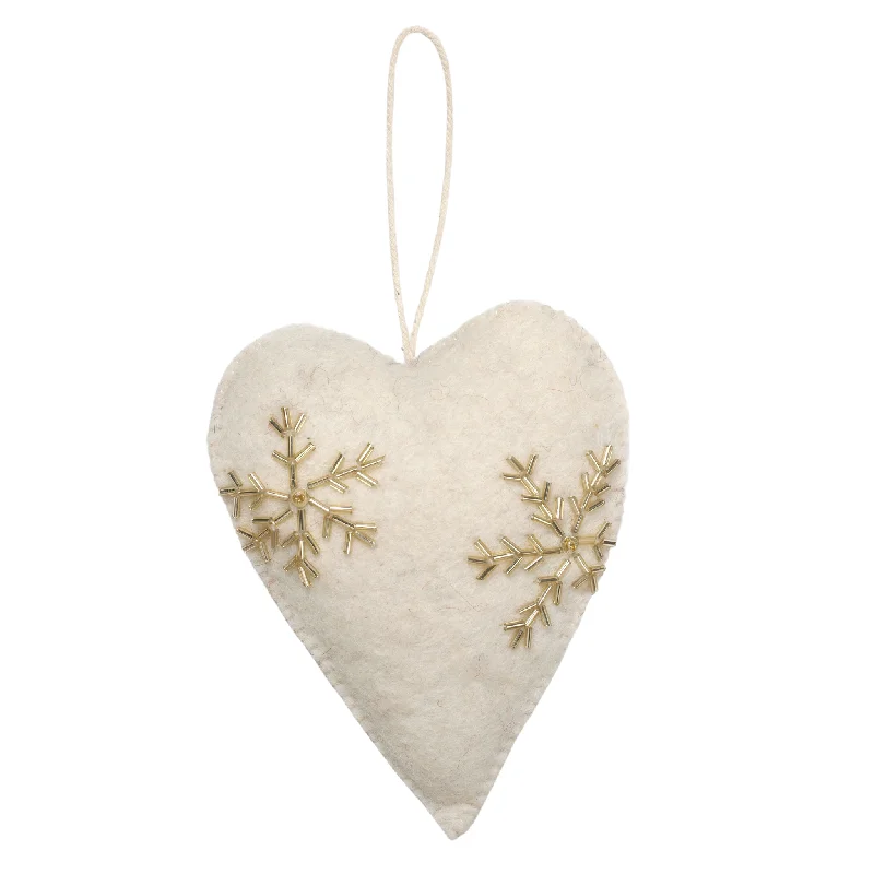Christmas Pine Tree Heart Ornament, Cream With Gold Hand Beaded Snowflakes