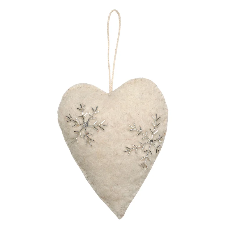 Christmas Snowfall Heart Ornament, Cream With Silver Hand Beaded Snowflakes