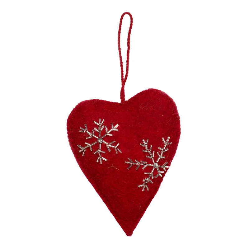 Christmas Church Service Heart Ornament, Red With Gold Hand Beaded Snowflakes