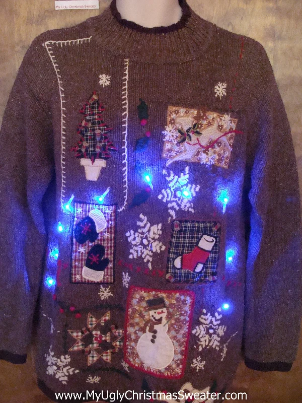 Christmas Winter Nights Horrible Brown Crafty Tacky Xmas Sweater with Lights