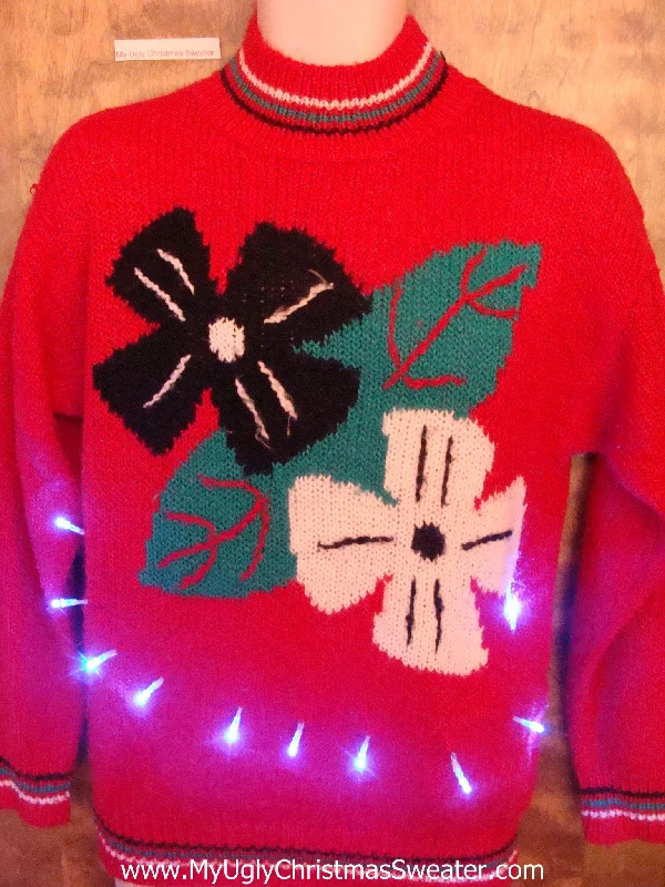 Christmas Garland Lights Horrible Crazy Poinsettias 80s Light Up Ugly Xmas Sweater