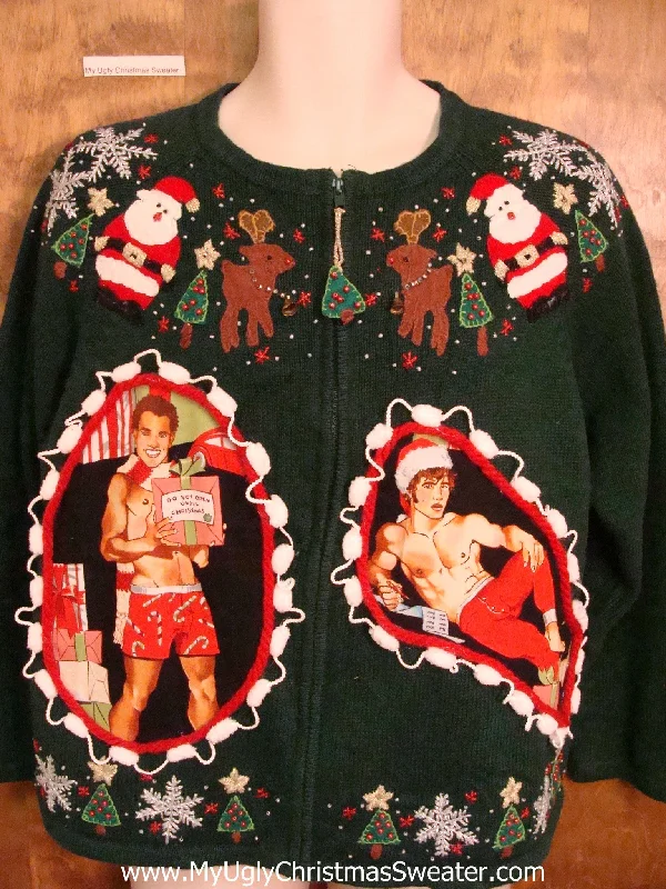 Christmas Red And Green Hottie Guy with Santa and Reindeer Ugly Christmas Sweater