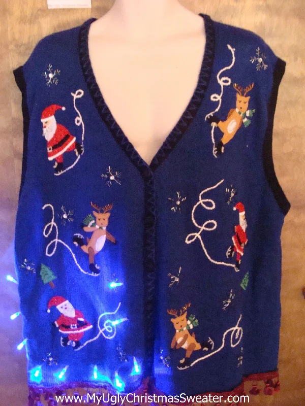 Ice Skating Reindeer and Santa Light Up Ugly Xmas Sweater Vest