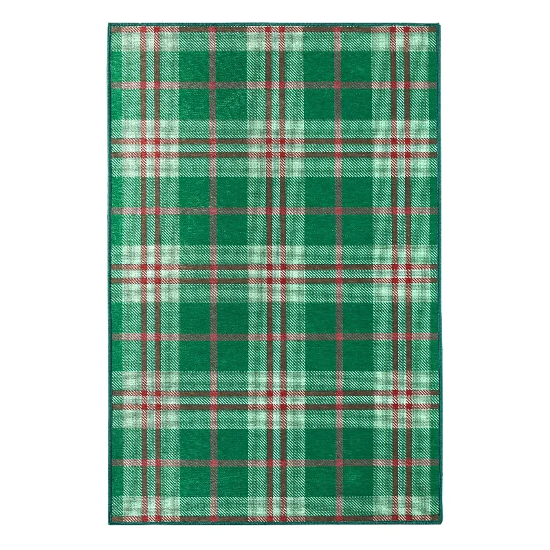 Christmas Tree Shopping Jolly Plaid Green Machine Washable Rug