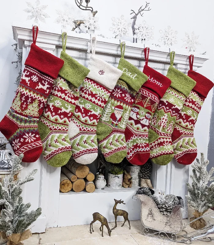 Christmas Holiday Spirit Knit Christmas Stockings Personalized 23" Fair Isle Knitted Deer, Snowflake, Santa, Snowman Custom Holiday Intarsia Family Names Christmas Holiday Spirit Knit Christmas Stockings Personalized 23" Fair Isle Knitted Deer, Snowflake, Santa, Snowman Custom Holiday Intarsia Family Names