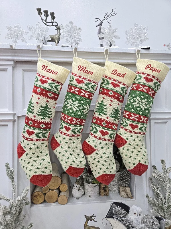 Christmas Themed Party Knitted Ivory Christmas Stockings with Red Green knit Snowflake Tree Heart Fun Festive Family Designs Personalized Embroidered Name Christmas Themed Party Knitted Ivory Christmas Stockings with Red Green knit Snowflake Tree Heart Fun Festive Family Designs Personalized Embroidered Name